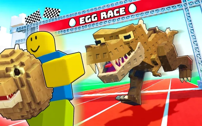 A player carrying a T-Rex egg under the EGG RACE start arch while a T-Rex gives chase