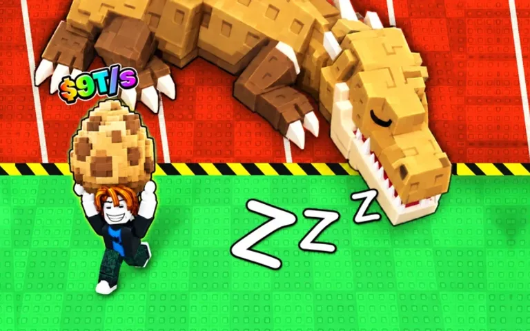 A sleeping T-Rex marked ZZZ while a player carries its egg away