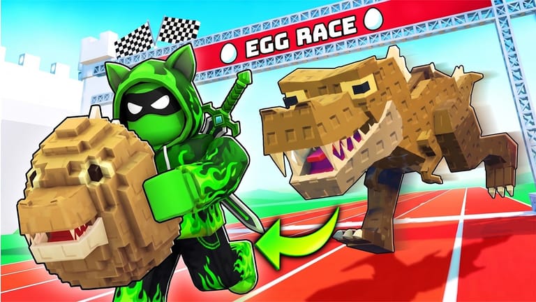Race for Eggs video thumbnail of a noob carrying an egg past a chasing dinosaur
