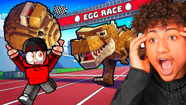 Race for Eggs video thumbnail: a racer carrying a blocky T-Rex egg away from the chase